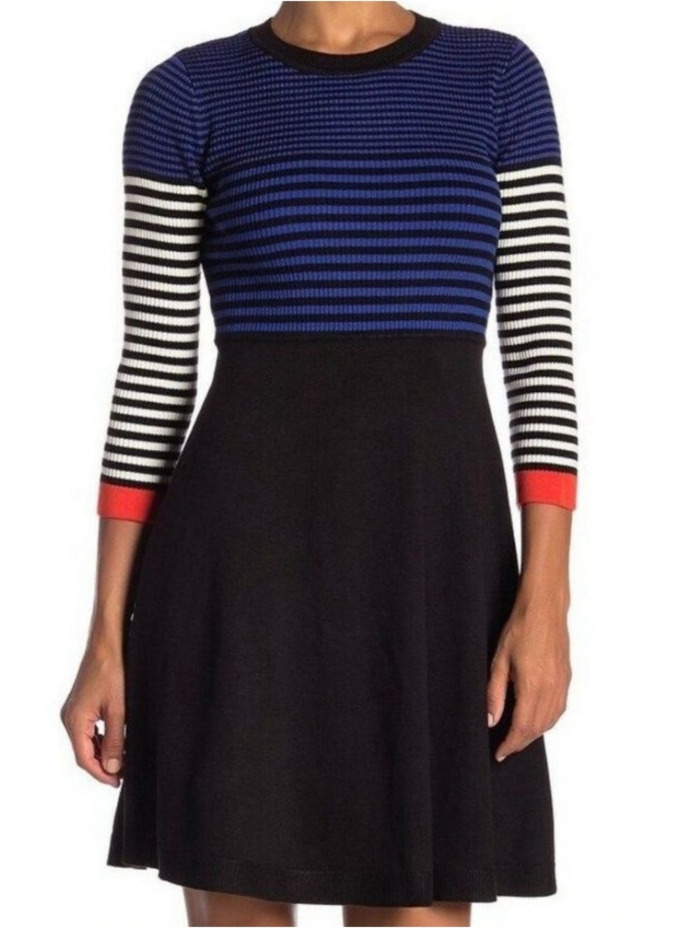 Eliza J Fit & Flare Knit Sweater Dress 3/4 Sleeve Striped - Size Large